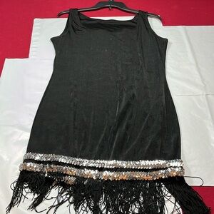 1920s flapper black FRINGE DRESS XL LIQUID KNIT silver sequin sweetheart neck XL